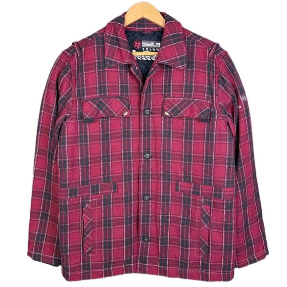 Vintage Y2K Quiksilver Quilted Flannel Shacket Red Black Plaid Mens M Surf Skate - Picture 1 of 11